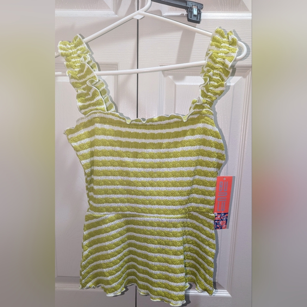 NWT, Green/White white striped, ruffle, square neck tank top- women's size small